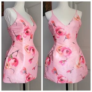 Pink Floral Sexy Satin Mini Cocktail Party Dress by‎ AKIRA Size 2